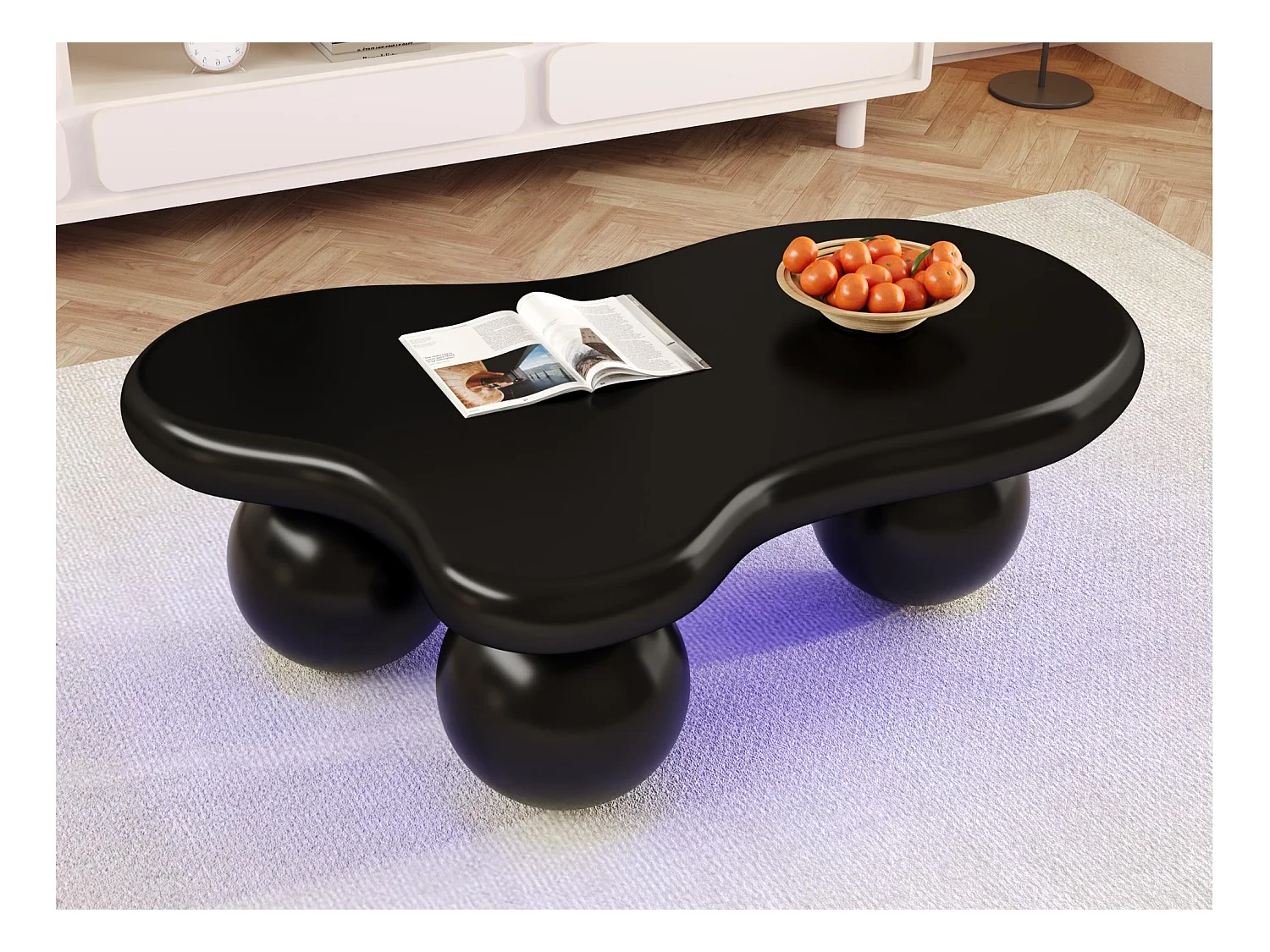 Table basse 95x62.5x32 cm - forme nuage - avec éclairage LED - pieds ronds - noir
