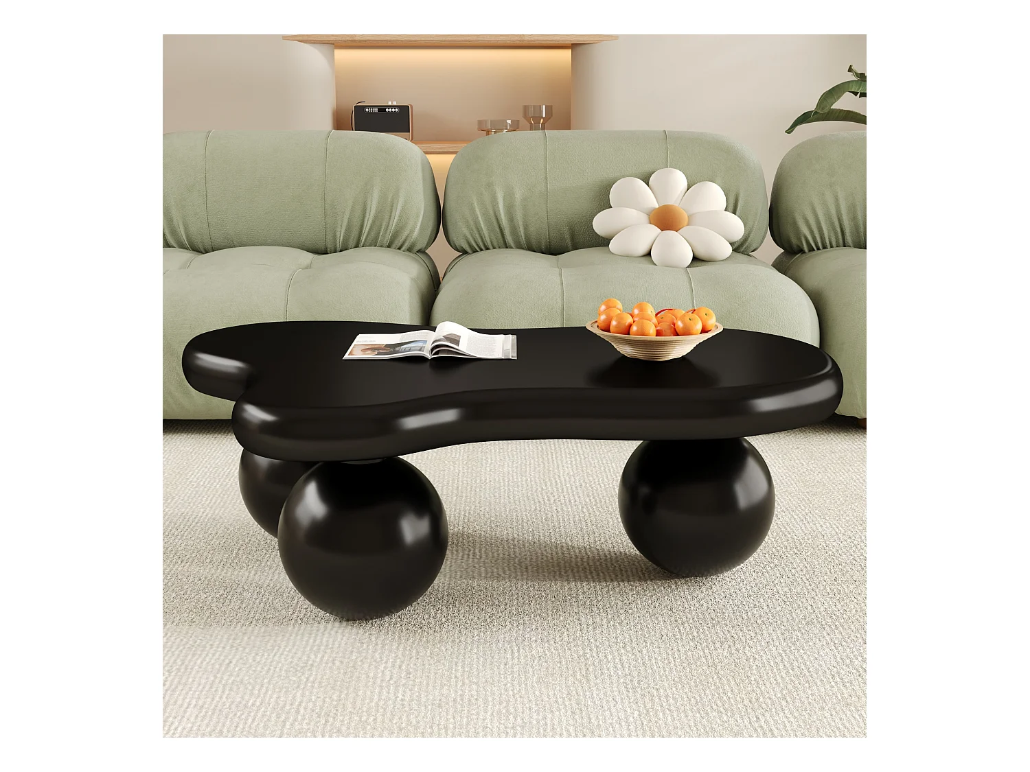 Table basse 95x62.5x32 cm - forme nuage - avec éclairage LED - pieds ronds - noir