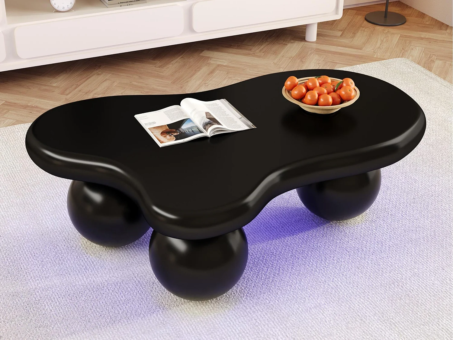 Couchtisch 95x62,5x32 cm - Wolkenform - mit LED-Beleuchtung - runde Beine - schwarz