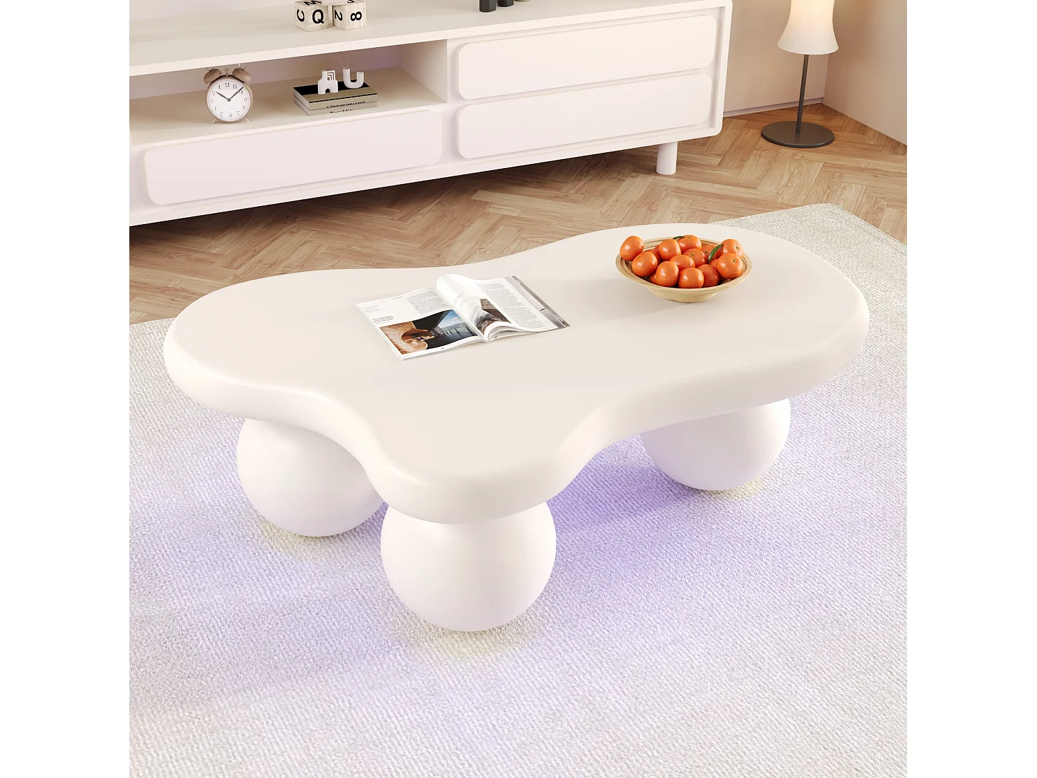 Couchtisch 95x62,5x32 cm - Wolkenform - mit LED-Beleuchtung - runde Beine - weiß