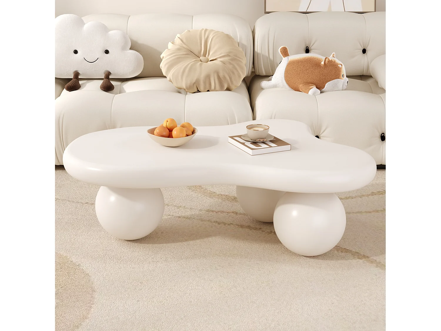 Couchtisch 95x62,5x32 cm - Wolkenform - mit LED-Beleuchtung - runde Beine - weiß