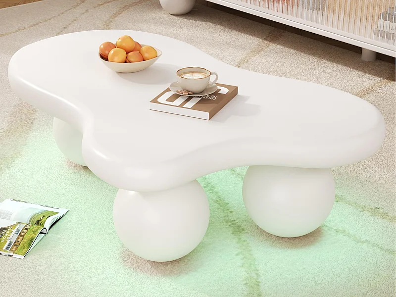 Couchtisch 95x62,5x32 cm - Wolkenform - mit LED-Beleuchtung - runde Beine - weiß