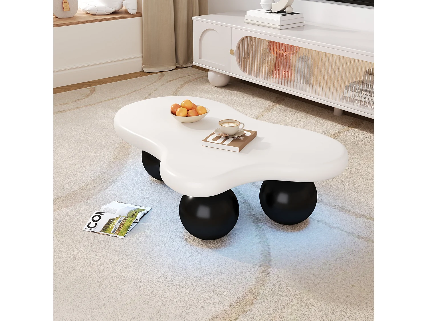 Couchtisch 95x62,5x32 cm - Wolkenform - mit LED-Beleuchtung - runde Beine - weiß + schwarz