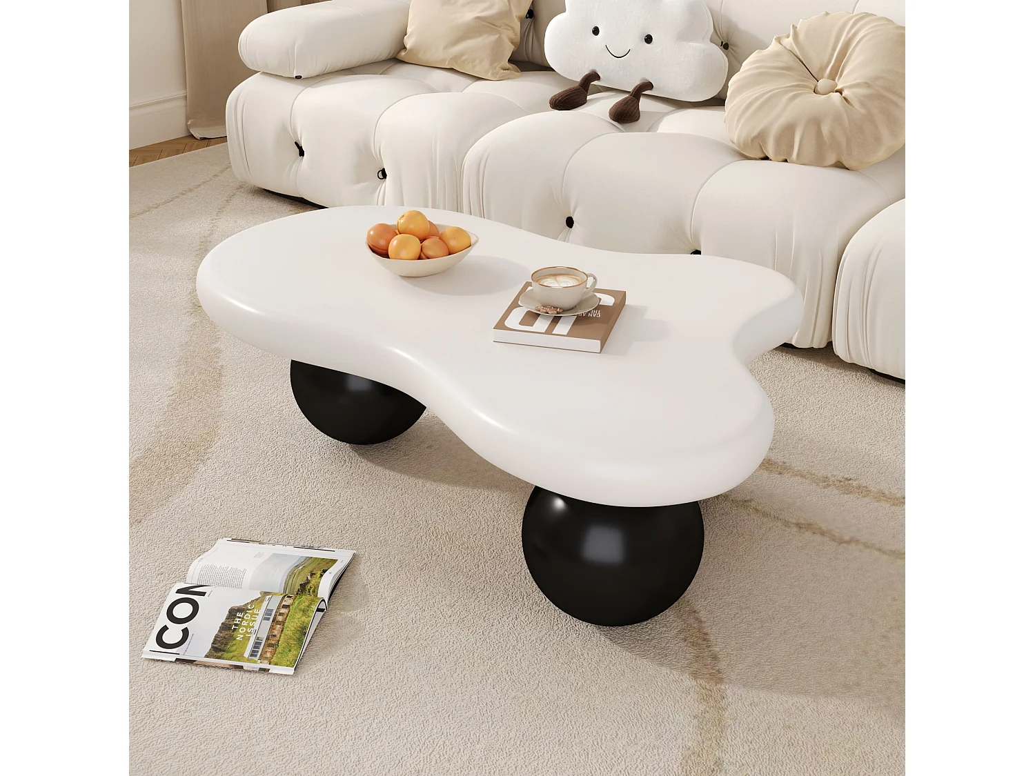 Couchtisch 95x62,5x32 cm - Wolkenform - mit LED-Beleuchtung - runde Beine - weiß + schwarz