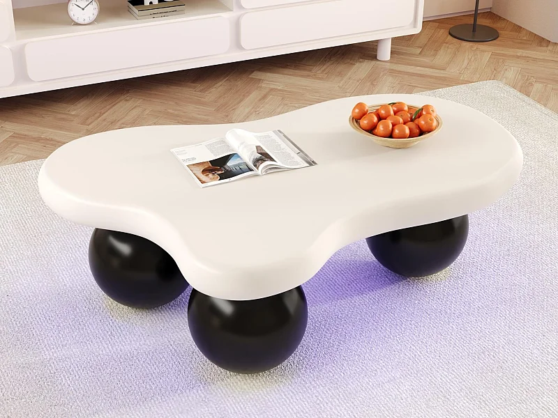 Couchtisch 95x62,5x32 cm - Wolkenform - mit LED-Beleuchtung - runde Beine - weiß + schwarz