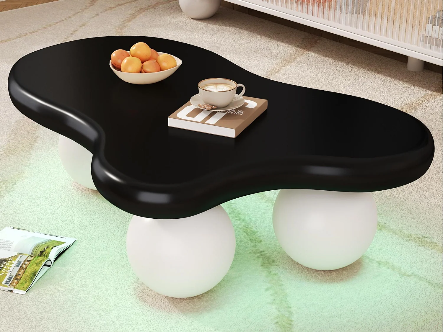 Couchtisch 95x62,5x32 cm - Wolkenform - mit LED-Beleuchtung - runde Beine - schwarz + weiß