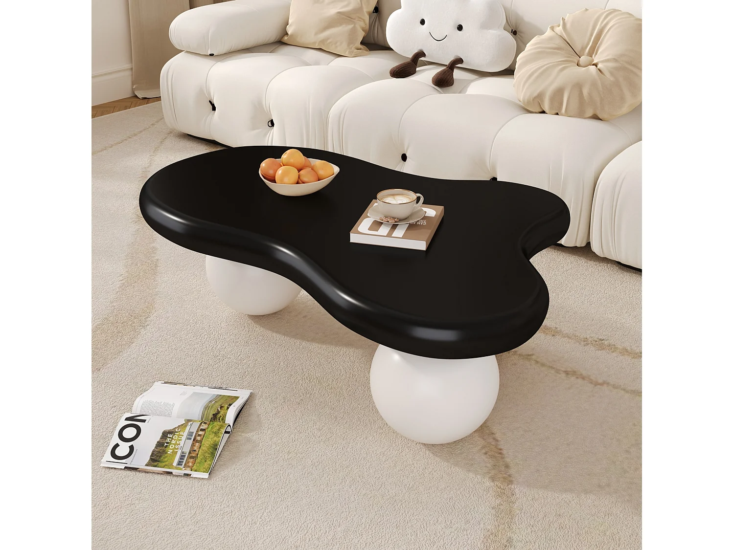 Couchtisch 95x62,5x32 cm - Wolkenform - mit LED-Beleuchtung - runde Beine - schwarz + weiß