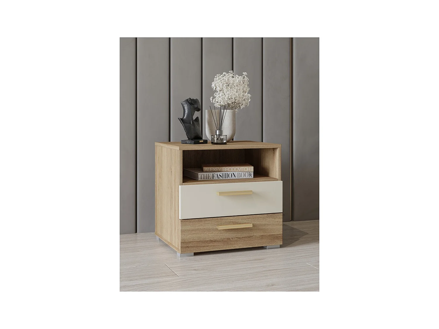 Chambre complète VERTIGO – Lit coffre 160x200, 2 chevets, armoire 3 portes, commode + cadre design