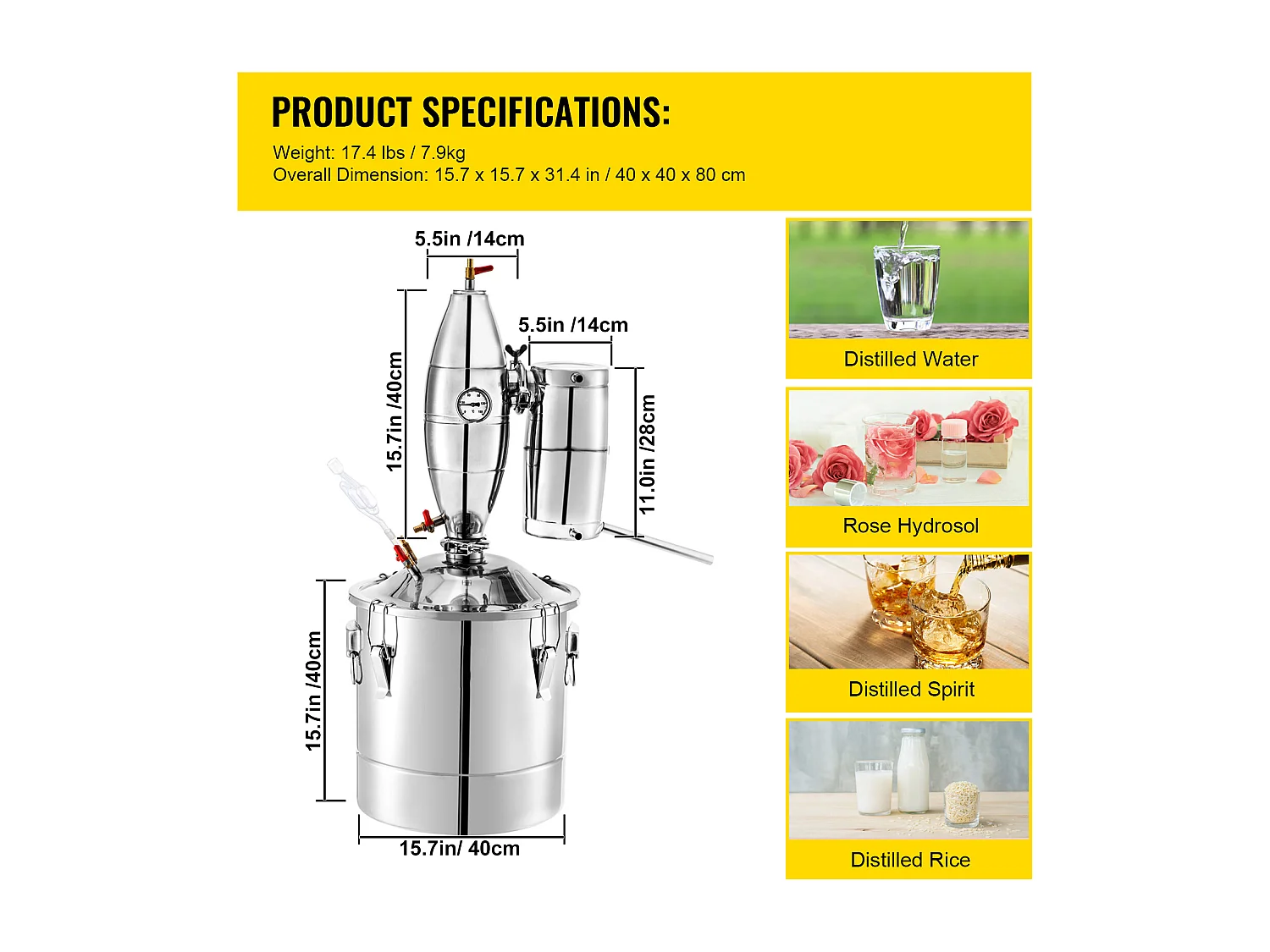 Distillateur d'Alcool SucceBuy 50L Distillateur d'Eau et d'Alcool Moonshine Still, Argent