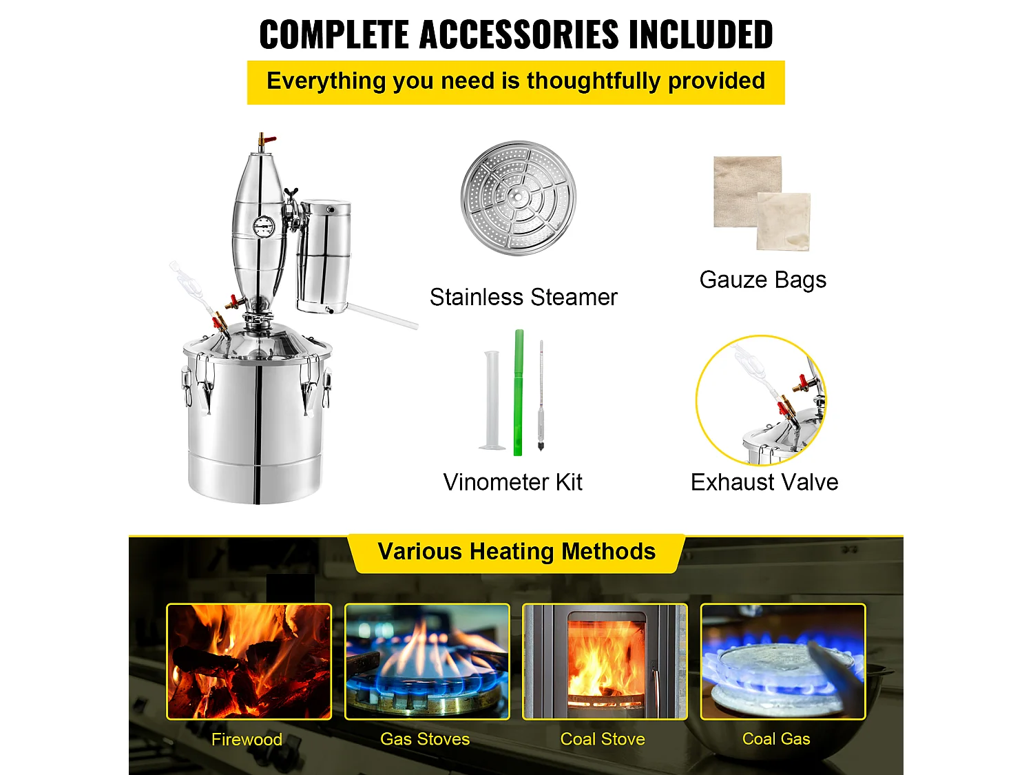 Distillateur d'Alcool SucceBuy 50L Distillateur d'Eau et d'Alcool Moonshine Still, Argent