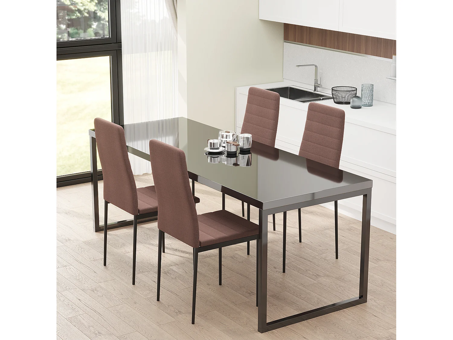 Set 4 sedie imbottite per soggiorno in metallo e tessuto cachi