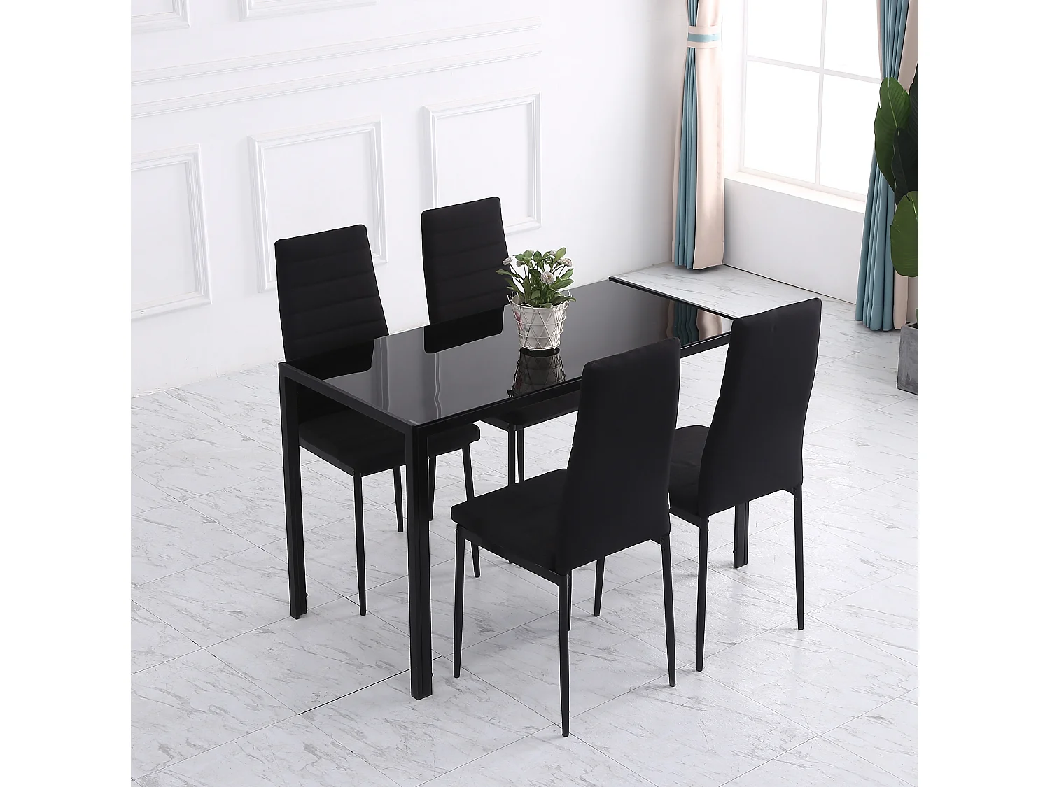 Set 4 Sedie Imbottite per Soggiorno in Metallo e Tessuto Nero