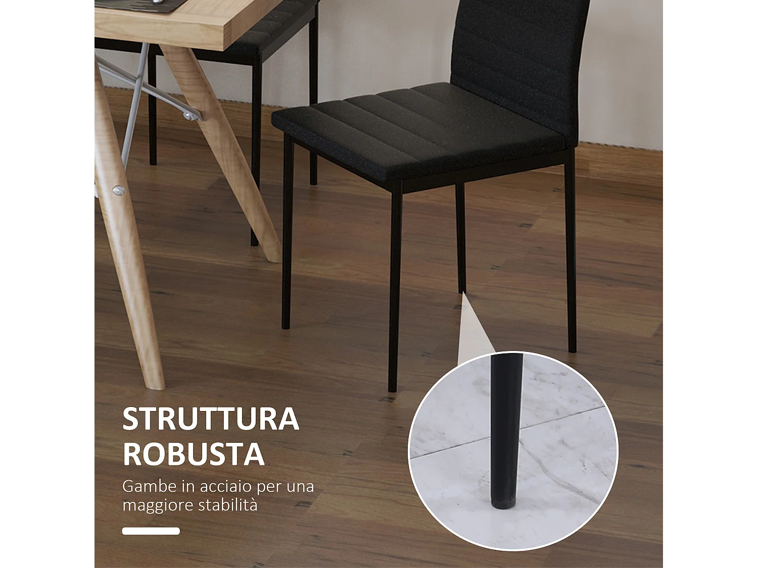 Set 4 Sedie Imbottite per Soggiorno in Metallo e Tessuto Nero