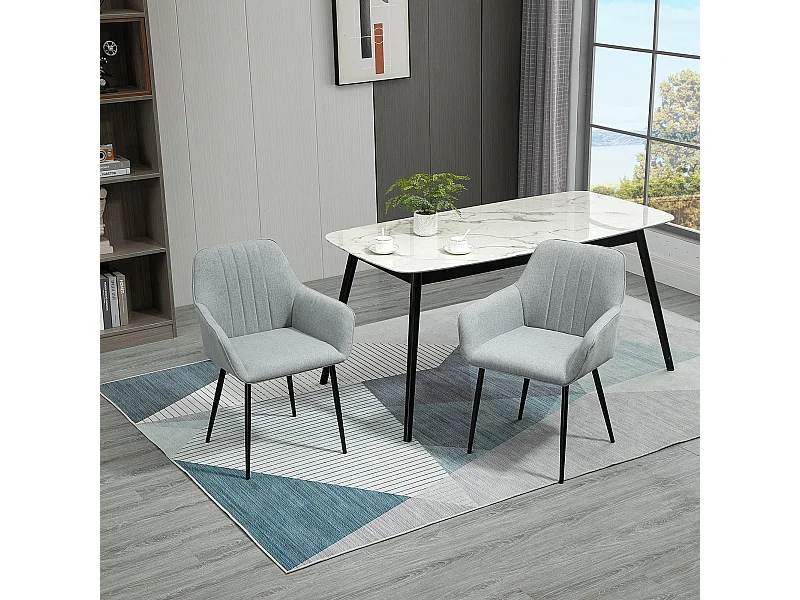 Set 2 sedie da pranzo imbottite in lino e gambe in ferro grigio