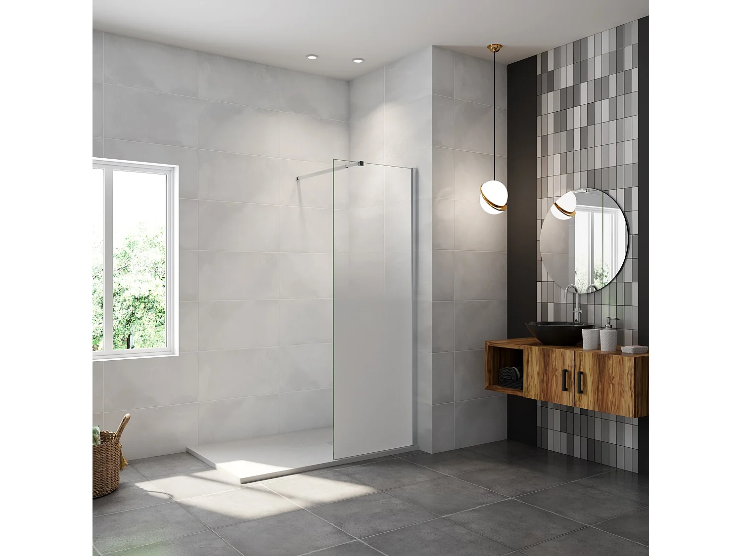 Paroi de douche verre trempé sérigraphié Brume - 80 x 200 cm - 8 mm Verre effet Brume, finition chrome avec barre de fixation 73-120cm