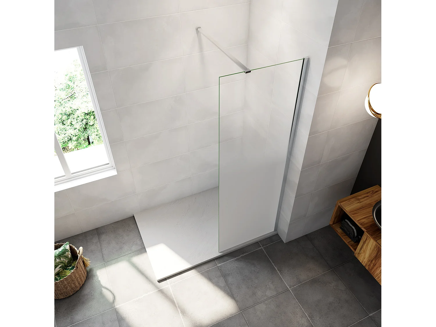 Paroi de douche verre trempé sérigraphié Brume en 8 mm verre - 50 x 200 cm - Profilés chrome avec barre de fixation 140cm