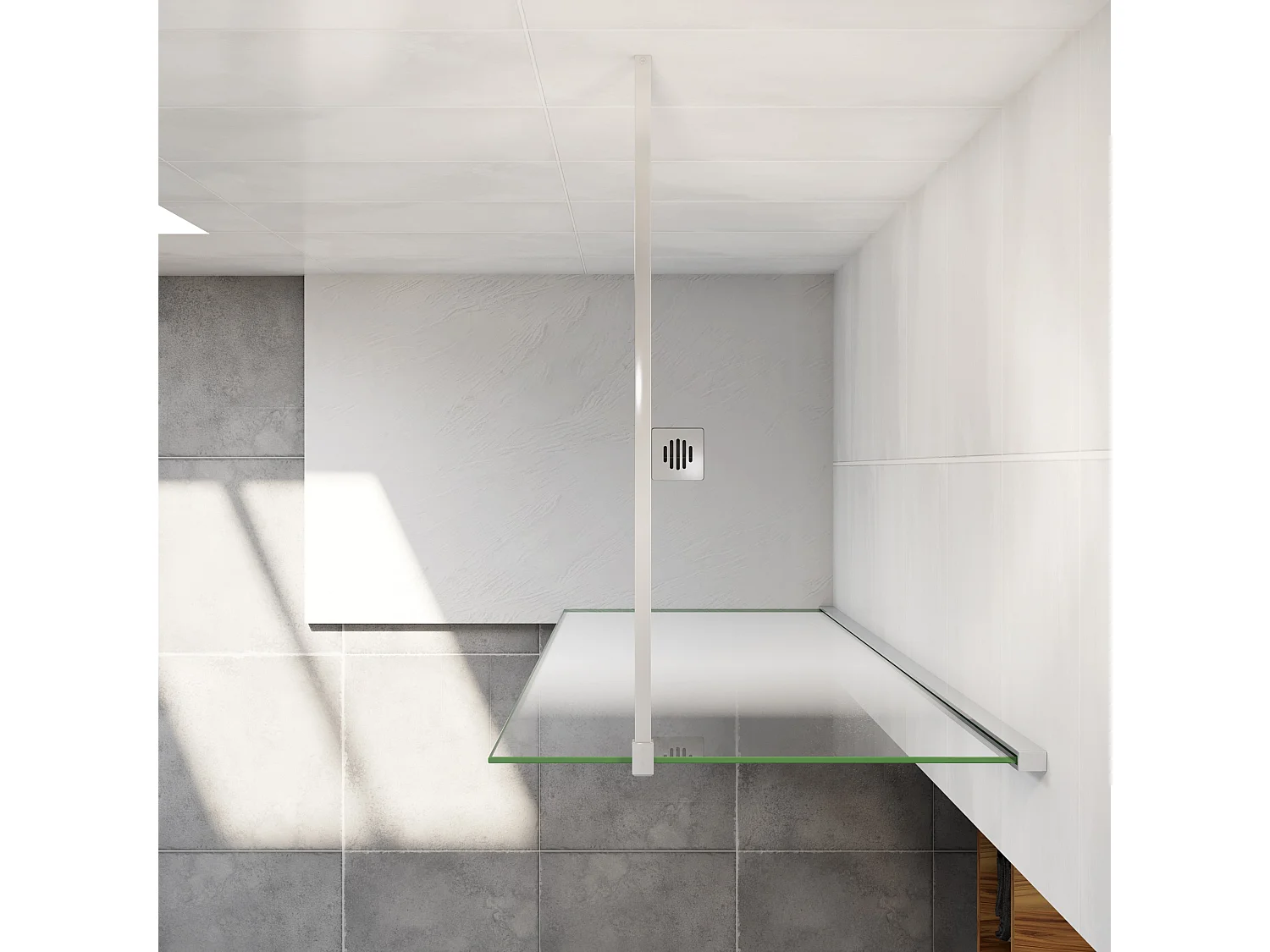 Paroi de douche verre trempé sérigraphié Brume en 8 mm verre - 50 x 200 cm - Profilés chrome avec barre de fixation 140cm en carré