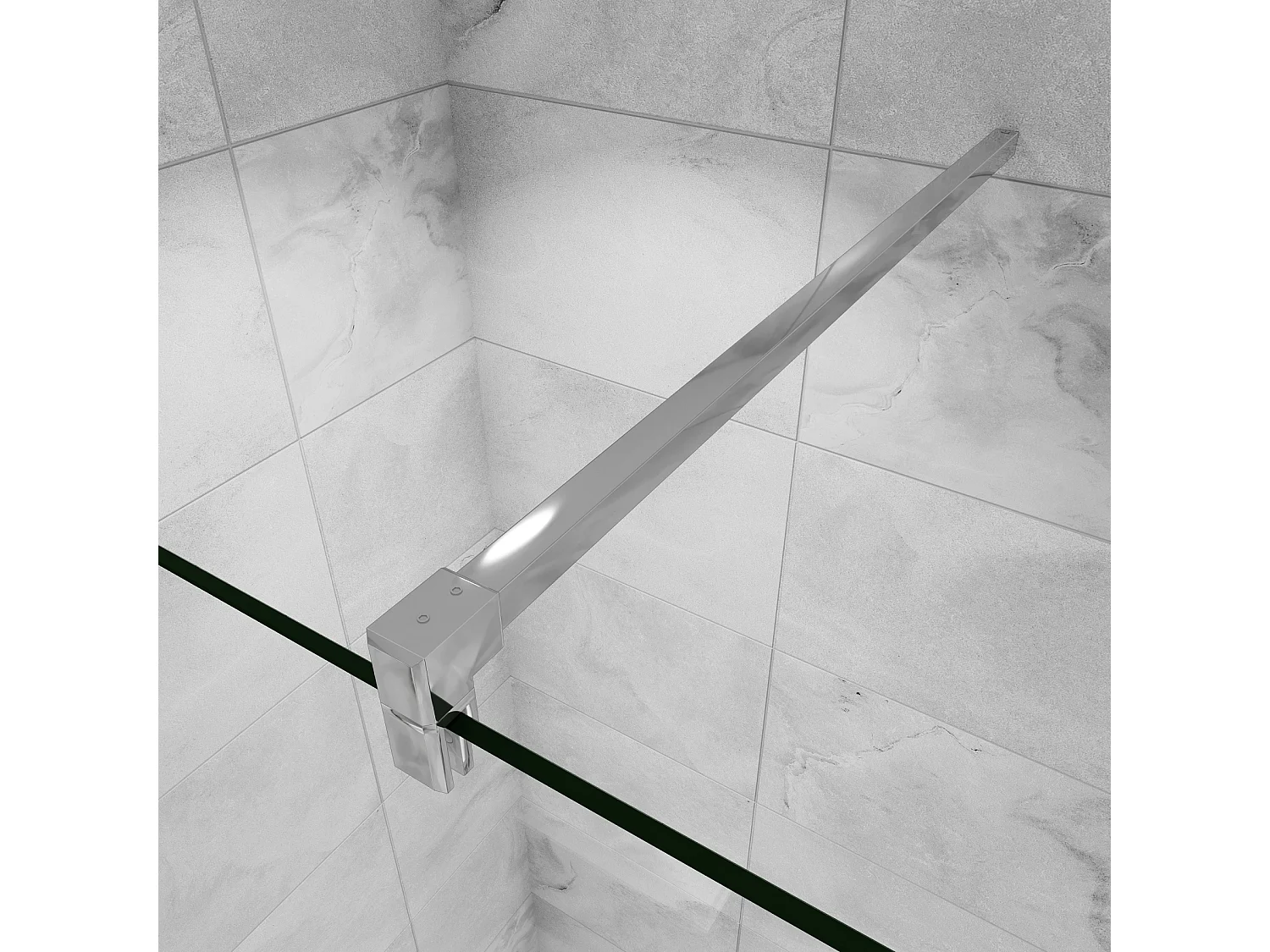 Paroi de douche verre trempé sérigraphié Brume en 8 mm verre - 50 x 200 cm - Profilés chrome avec barre de fixation 140cm en carré