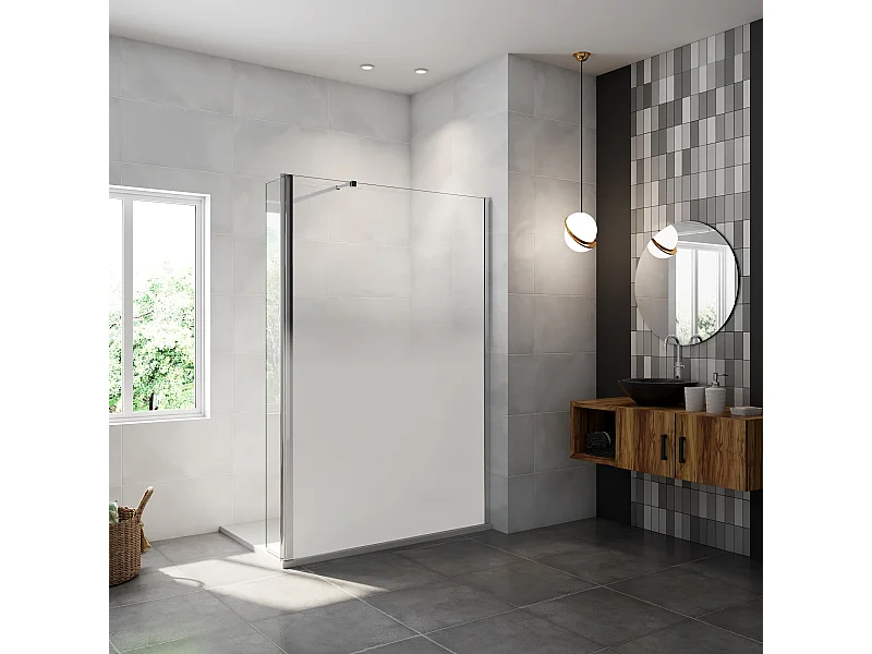 Paroi de douche avec 40 cm retour pivotant - 120 x 200 cm - 8 mm Verre effet Brume, finition chrome avec barre de fixation 73-120cm