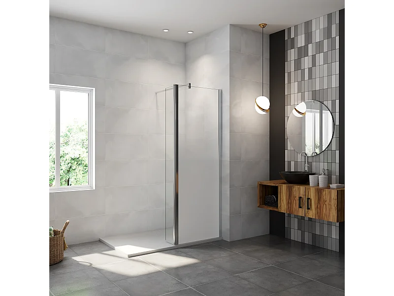 Paroi de douche avec 40 cm retour pivotant - 70 x 200 cm - 8 mm Verre effet Brume, finition chrome avec barre de fixation 90cm en carré