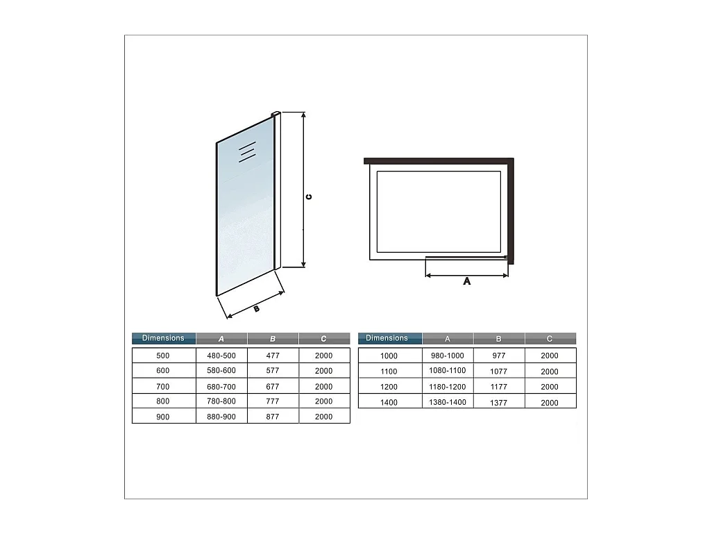 Paroi de douche verre trempé sérigraphié Brume - 70 x 200 cm - Profilé chrome avec Barre de stabilisation extensible 70-120 cm
