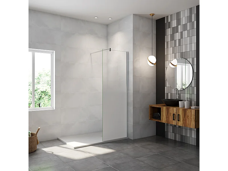 Paroi de douche verre trempé sérigraphié Brume en 8 mm verre - 60 x 200 cm - Profilés chrome avec barre de fixation 90cm en carré