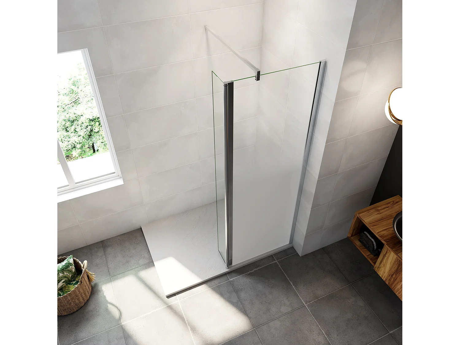 Paroi de douche avec 40 cm retour pivotant - 50 x 200 cm - 8 mm Verre effet Brume, finition chrome avec barre de fixation 90cm en carré
