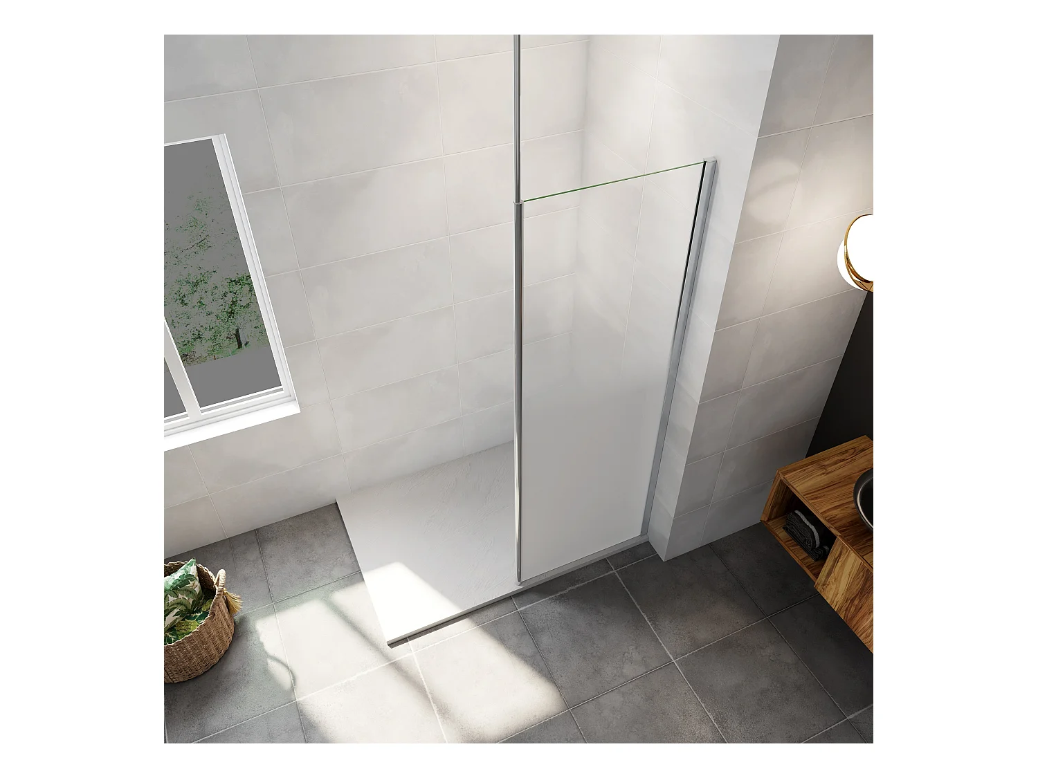 Paroi de douche verre trempé sérigraphié Brume en 8 mm verre - 70 x 200 cm - Profilés chrome avec barre de fixation 90cm