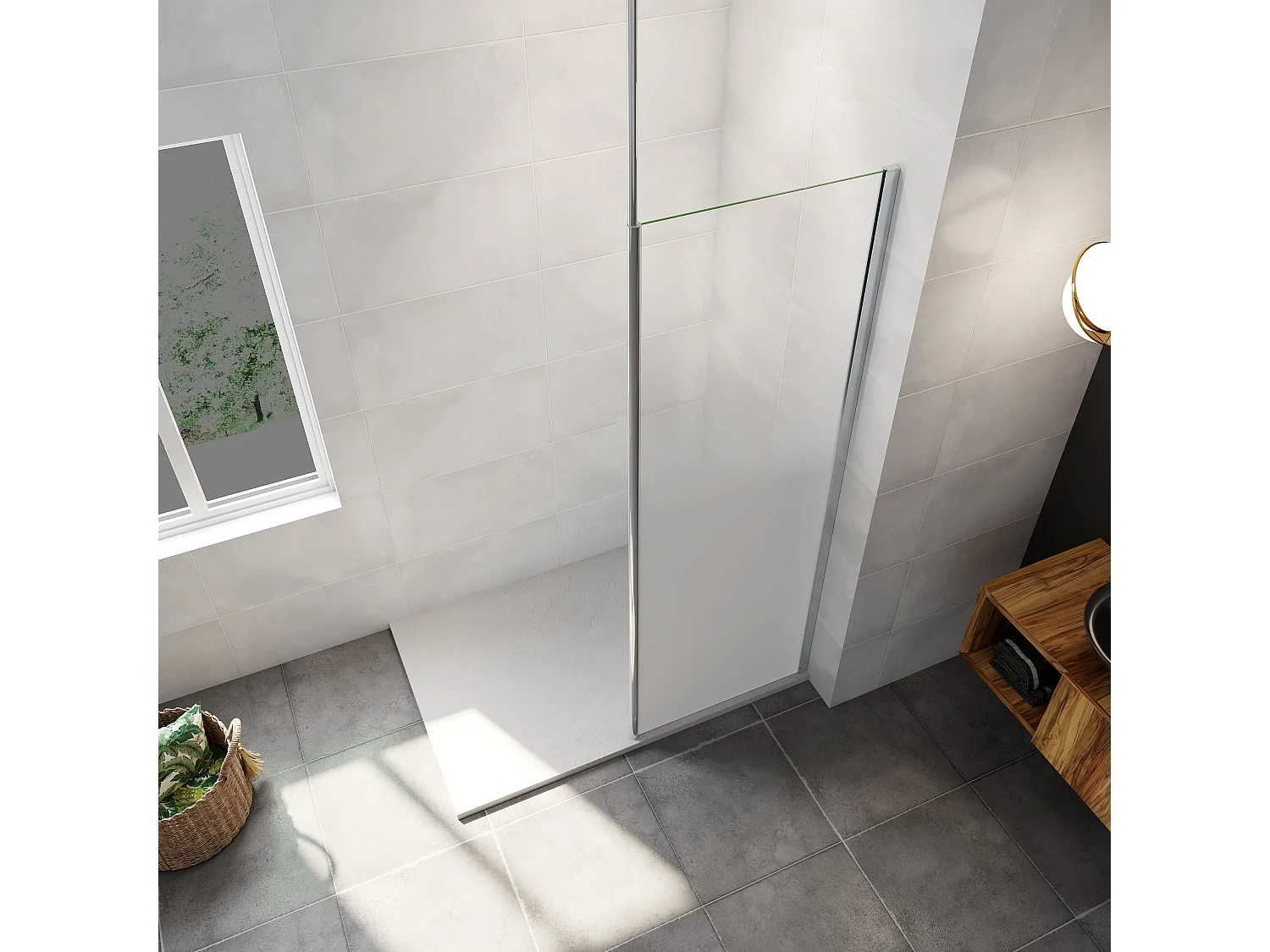 Paroi de douche verre trempé sérigraphié Brume en 8 mm verre - 70 x 200 cm - Profilés chrome avec barre de fixation 90cm