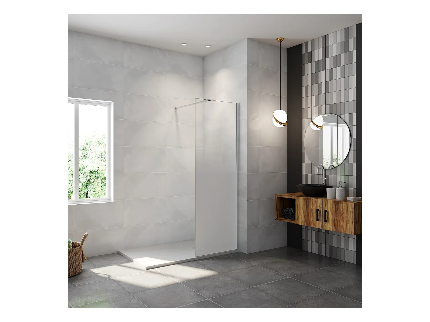 Paroi de douche verre trempé sérigraphié Brume en 8 mm verre - 70 x 200 cm - Profilés chrome avec barre de fixation 140cm
