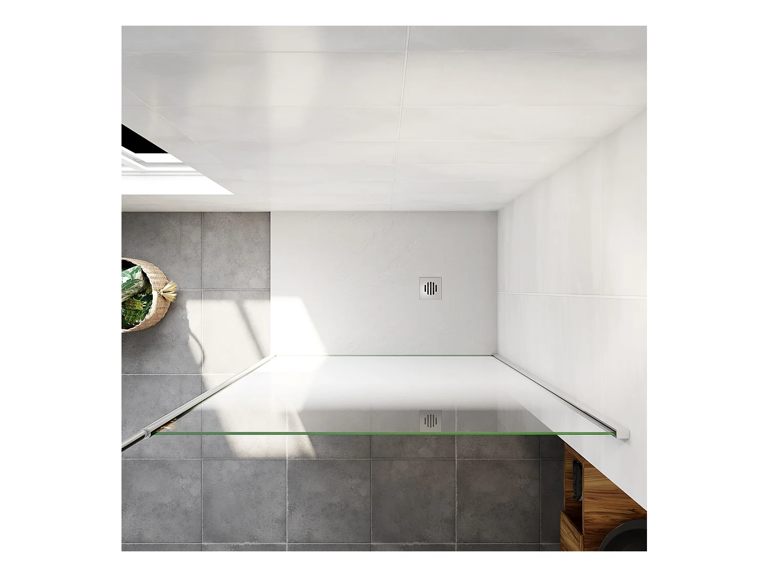 Paroi de douche verre trempé sérigraphié Brume en 8 mm verre - 140 x 200 cm - Profilés chrome avec barre de fixation 90cm