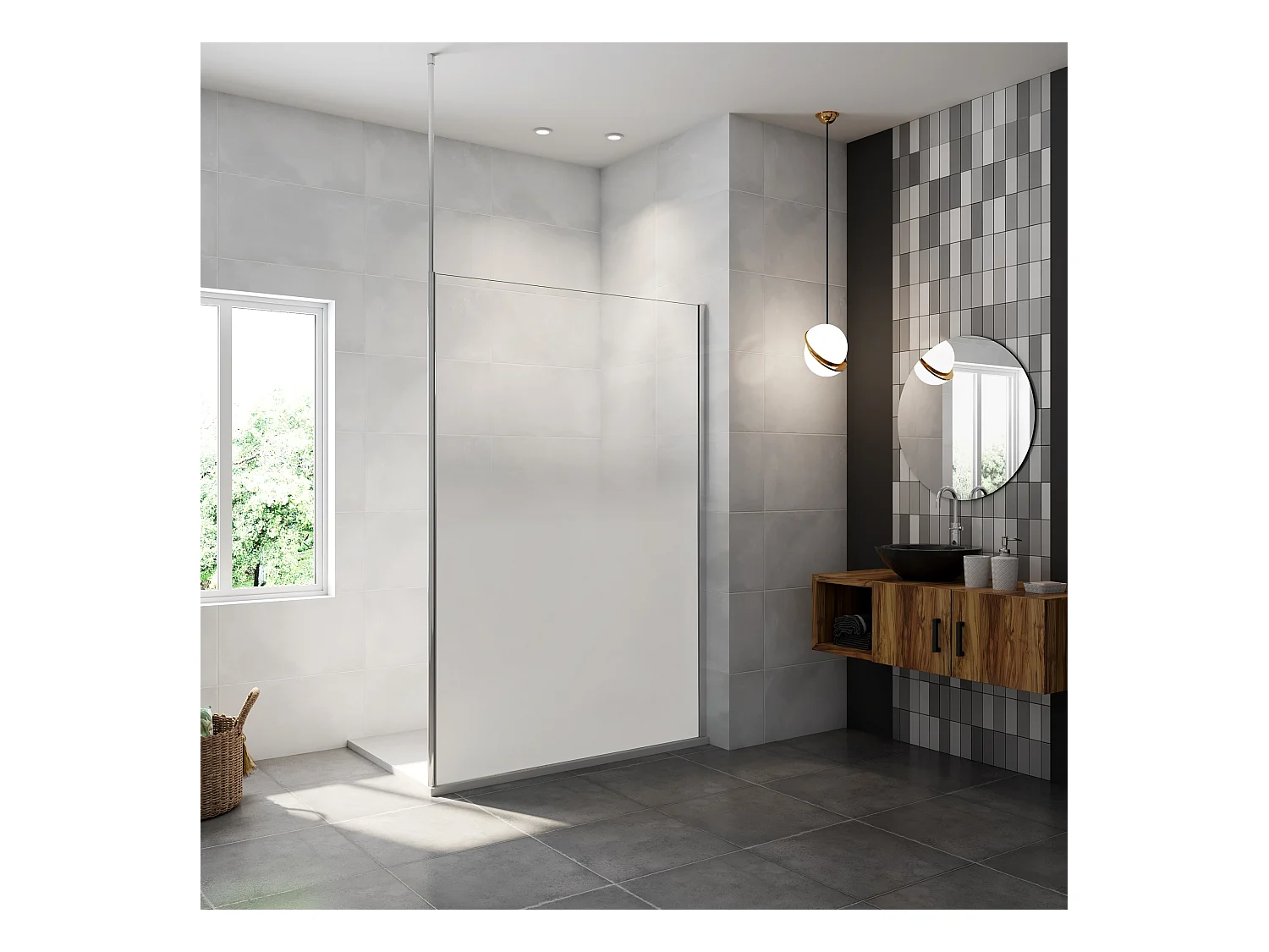 Paroi de douche verre trempé sérigraphié Brume en 8 mm verre - 140 x 200 cm - Profilés chrome avec barre de fixation 90cm