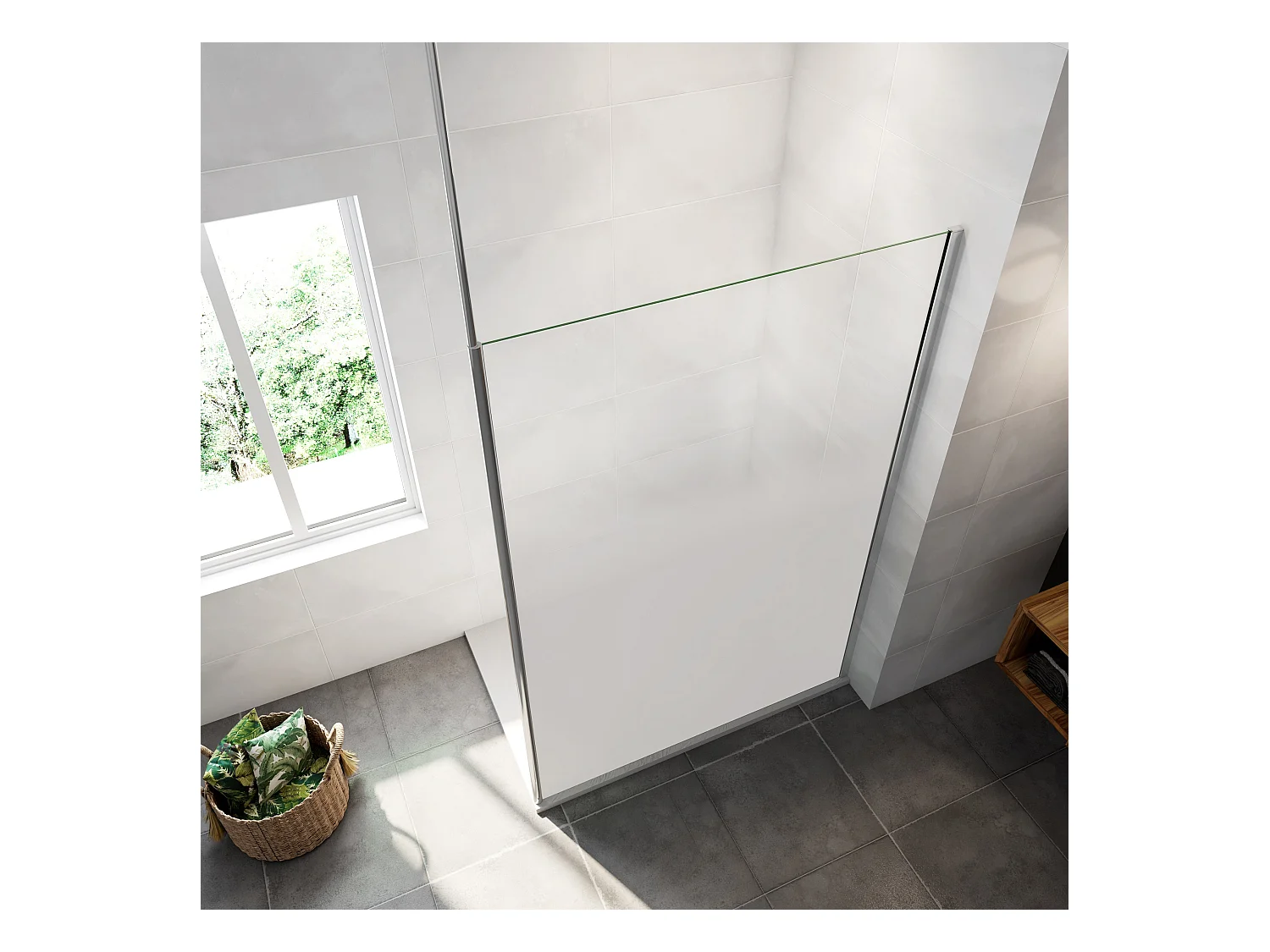 Paroi de douche verre trempé sérigraphié Brume en 8 mm verre - 140 x 200 cm - Profilés chrome avec barre de fixation 90cm