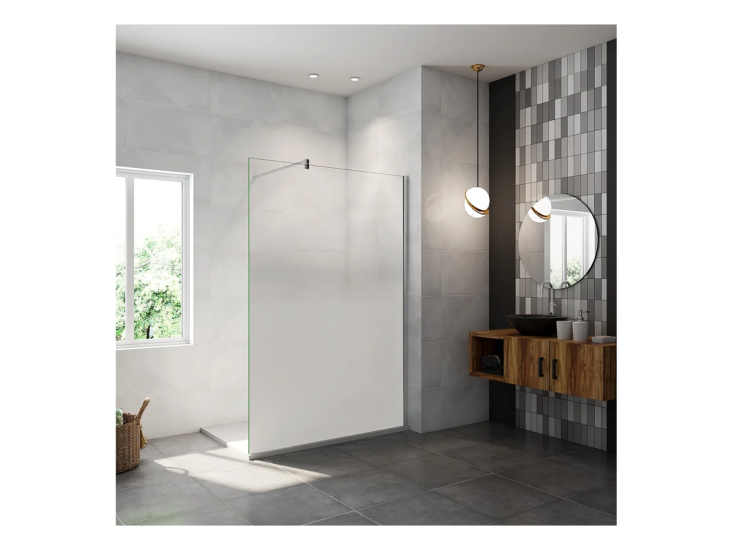 Paroi de douche verre trempé sérigraphié Brume en 8 mm verre - 140 x 200 cm - Profilés chrome avec barre de fixation 90cm en carré