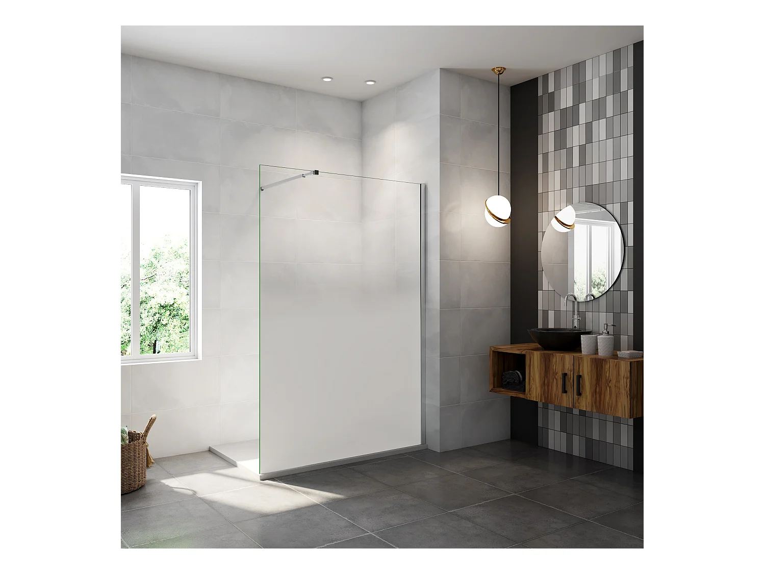 Paroi de douche verre trempé sérigraphié Brume - 90 x 200 cm - 8 mm Verre effet Brume, finition chrome avec barre de fixation 73-120cm