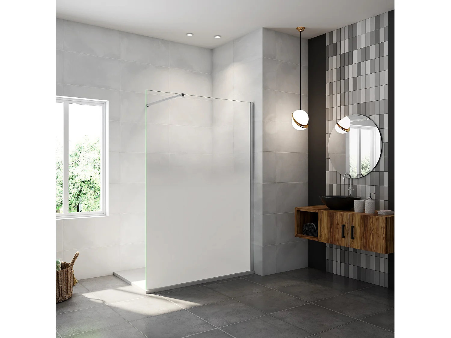 Paroi de douche verre trempé sérigraphié Brume - 90 x 200 cm - 8 mm Verre effet Brume, finition chrome avec barre de fixation 73-120cm