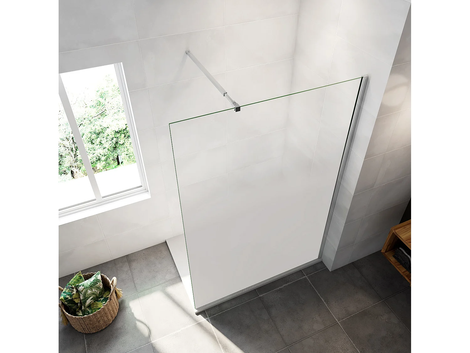 Paroi de douche verre trempé sérigraphié Brume - 90 x 200 cm - 8 mm Verre effet Brume, finition chrome avec barre de fixation 73-120cm