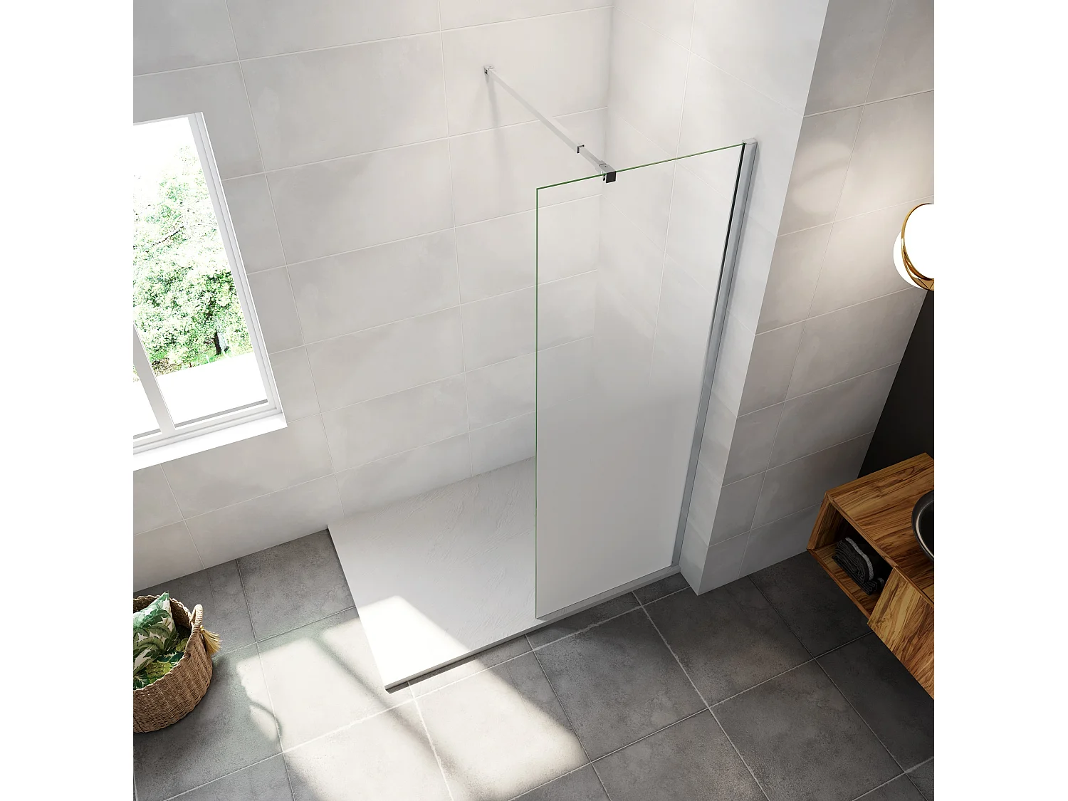 Paroi de douche verre trempé sérigraphié Brume - 70 x 200 cm - 8 mm Verre effet Brume, finition chrome avec barre de fixation 73-120cm