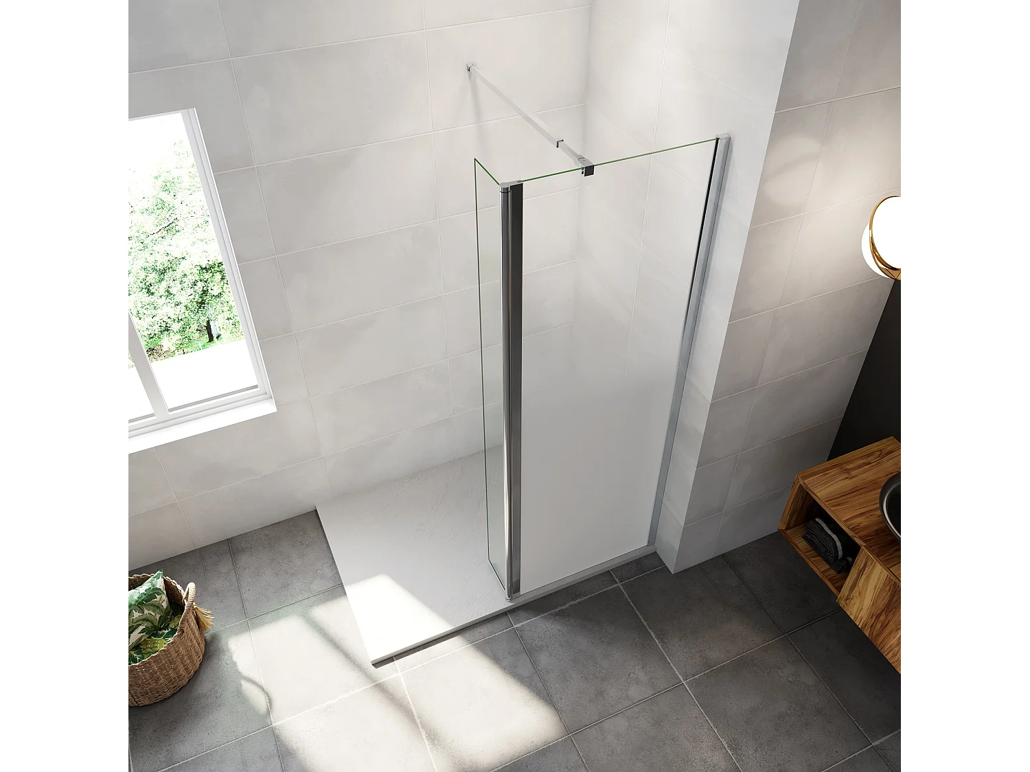 Paroi de douche avec 30 cm retour pivotant - 60 x 200 cm - 8 mm Verre effet Brume, finition chrome avec barre de fixation 73-120cm