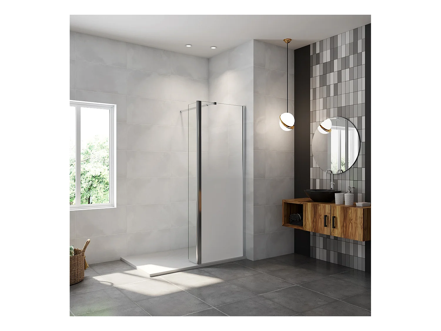 Paroi de douche avec 40 cm retour pivotant - 60 x 200 cm - 8 mm Verre effet Brume, finition chrome avec barre de fixation 73-120cm