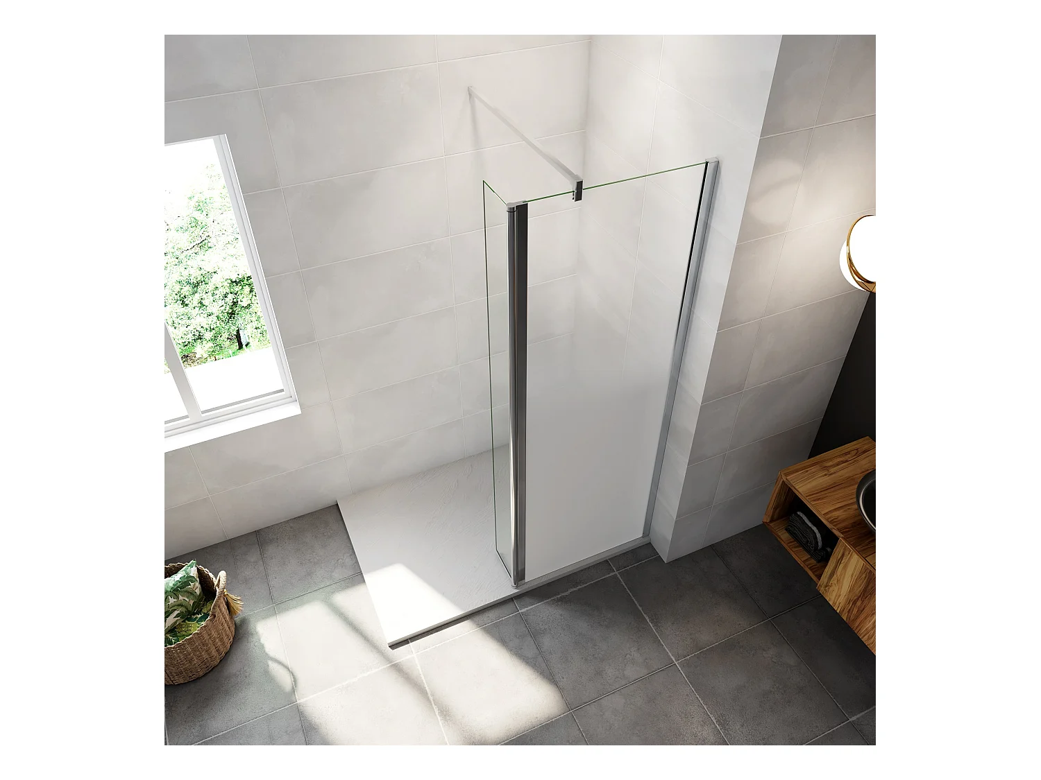 Paroi de douche avec 40 cm retour pivotant - 70 x 200 cm - 8 mm Verre effet Brume, finition chrome avec barre de fixation 140cm
