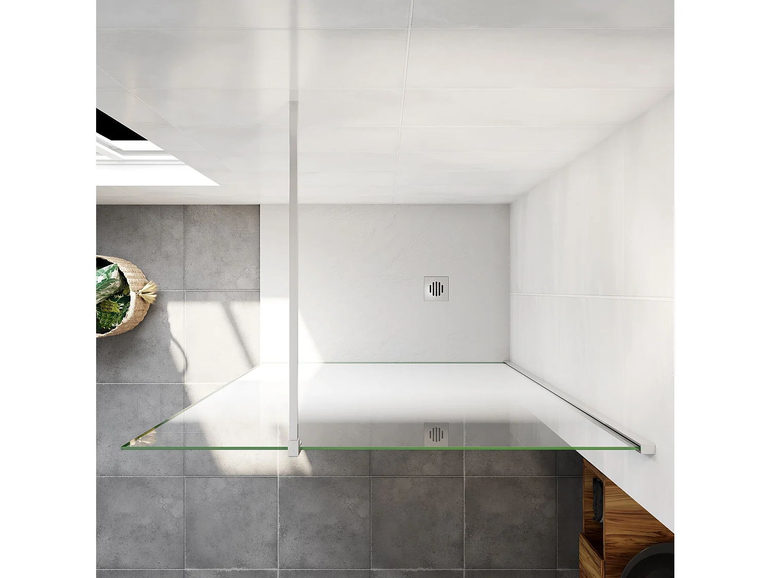 Paroi de douche verre trempé sérigraphié Brume en 8 mm verre - 140 x 200 cm - Profilés chrome avec barre de fixation 140cm en carré