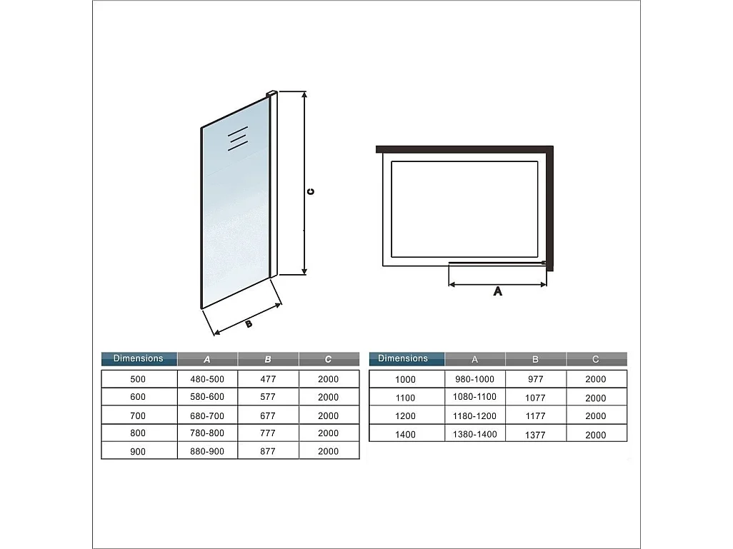 Paroi de douche verre trempé sérigraphié Brume en 8 mm verre - 140 x 200 cm - Profilés chrome avec barre de fixation 140cm en carré