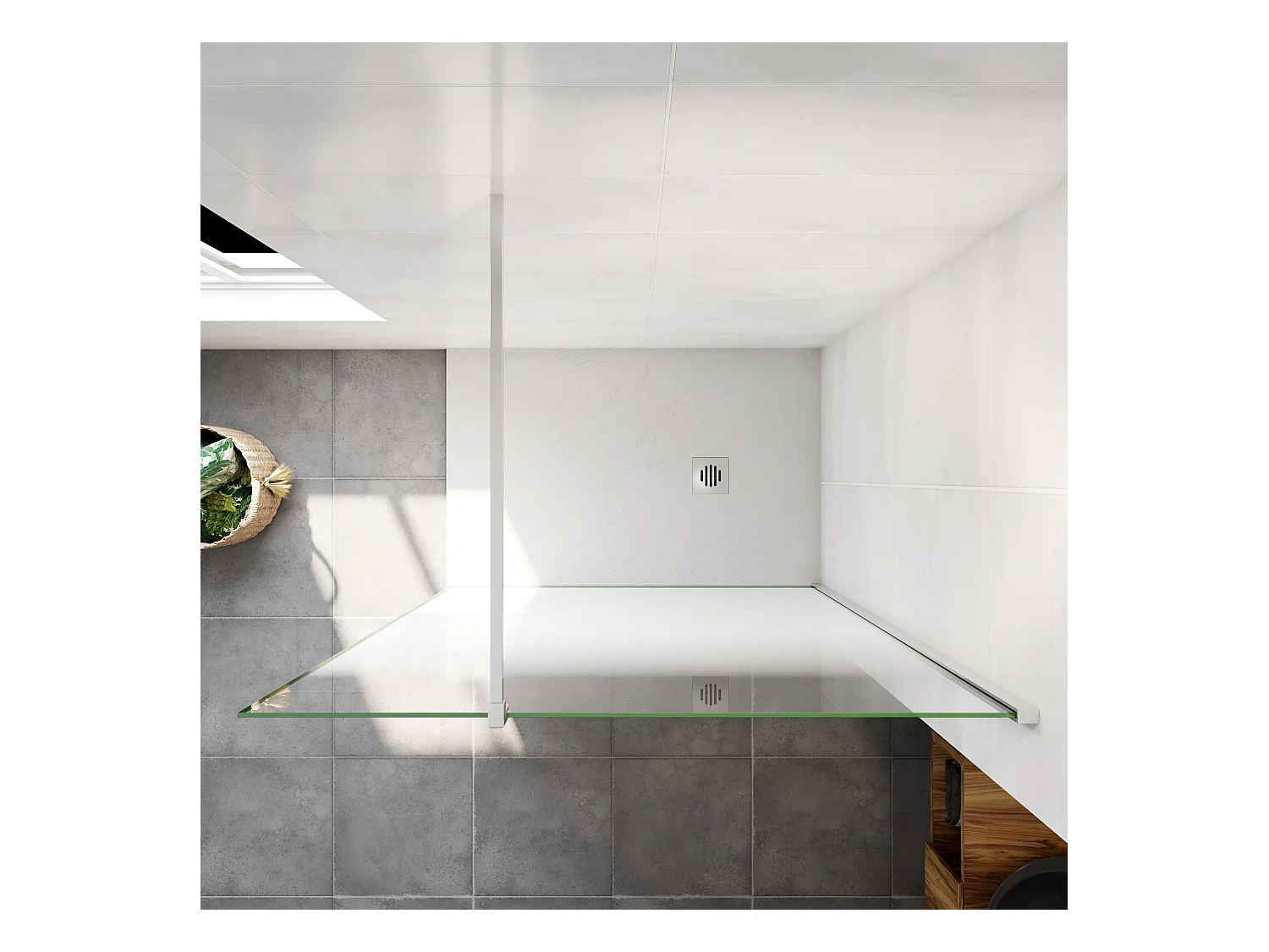 Paroi de douche verre trempé sérigraphié Brume en 8 mm verre - 90 x 200 cm - Profilés chrome avec barre de fixation 140cm en carré