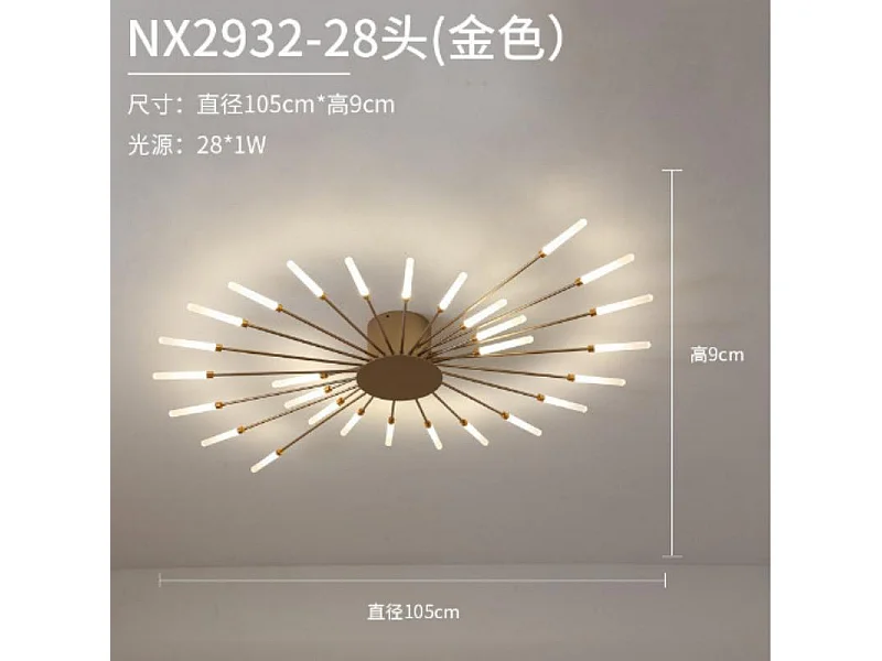 Lustre LED feux d'artifice doré 28W 28 têtes de lampe 105cm de diamètre lumière neutre pour salon/chambre/cuisine