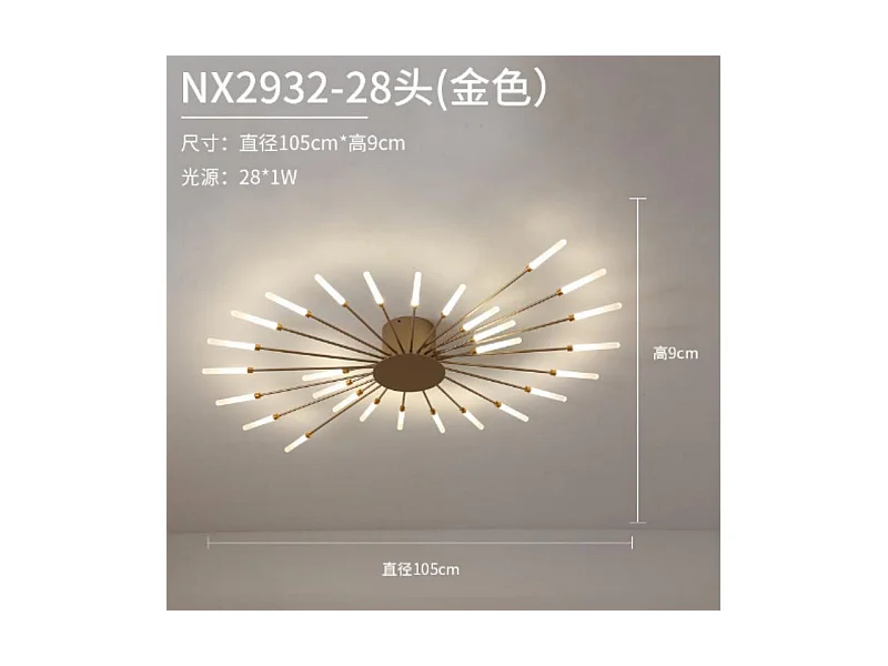 Lustre LED feux d'artifice doré 28W 28 têtes de lampe 105cm de diamètre lumière neutre pour salon/chambre/cuisine