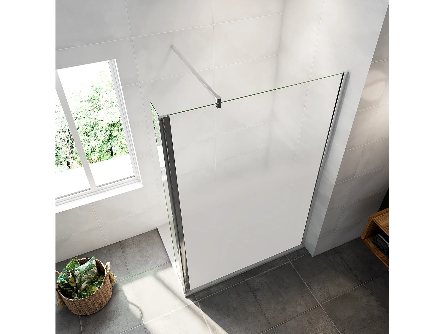 Douchewand met 30 cm draaipunt - 120 x 200 cm - 8 mm glas met misteffect, chroomafwerking met vierkante montagestang van 90 cm