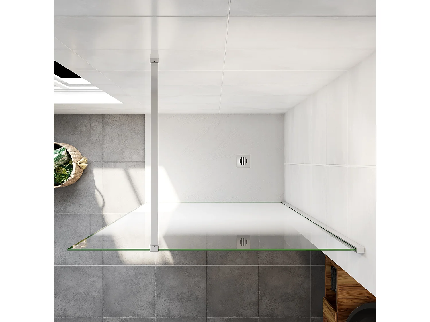 Paroi de douche verre trempé sérigraphié Brume en 8 mm verre - 140 x 200 cm - Profilés chrome avec barre de fixation 90cm