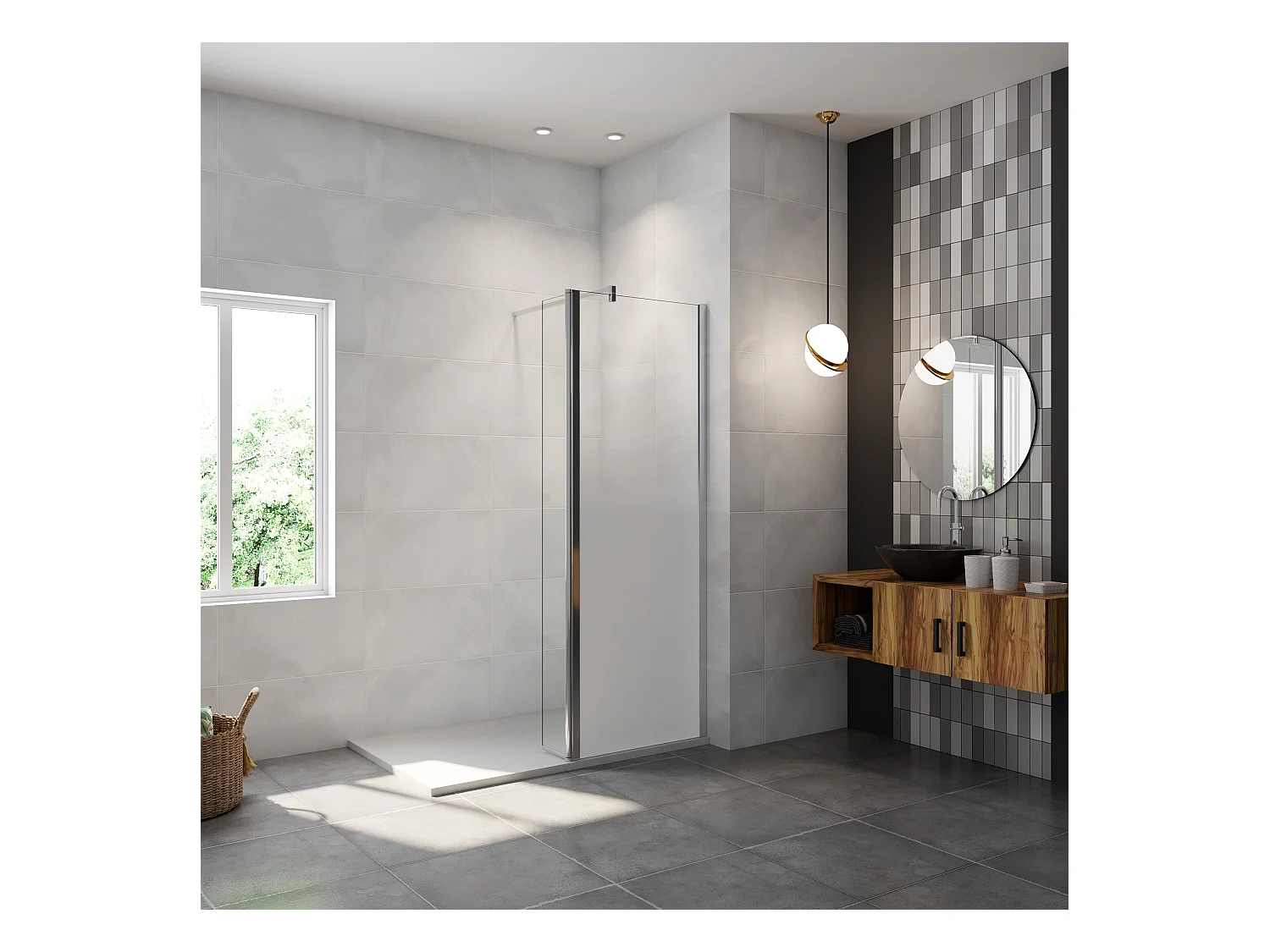 Paroi de douche avec 30 cm retour pivotant - 50 x 200 cm - 8 mm Verre effet Brume, finition chrome avec barre de fixation 140cm