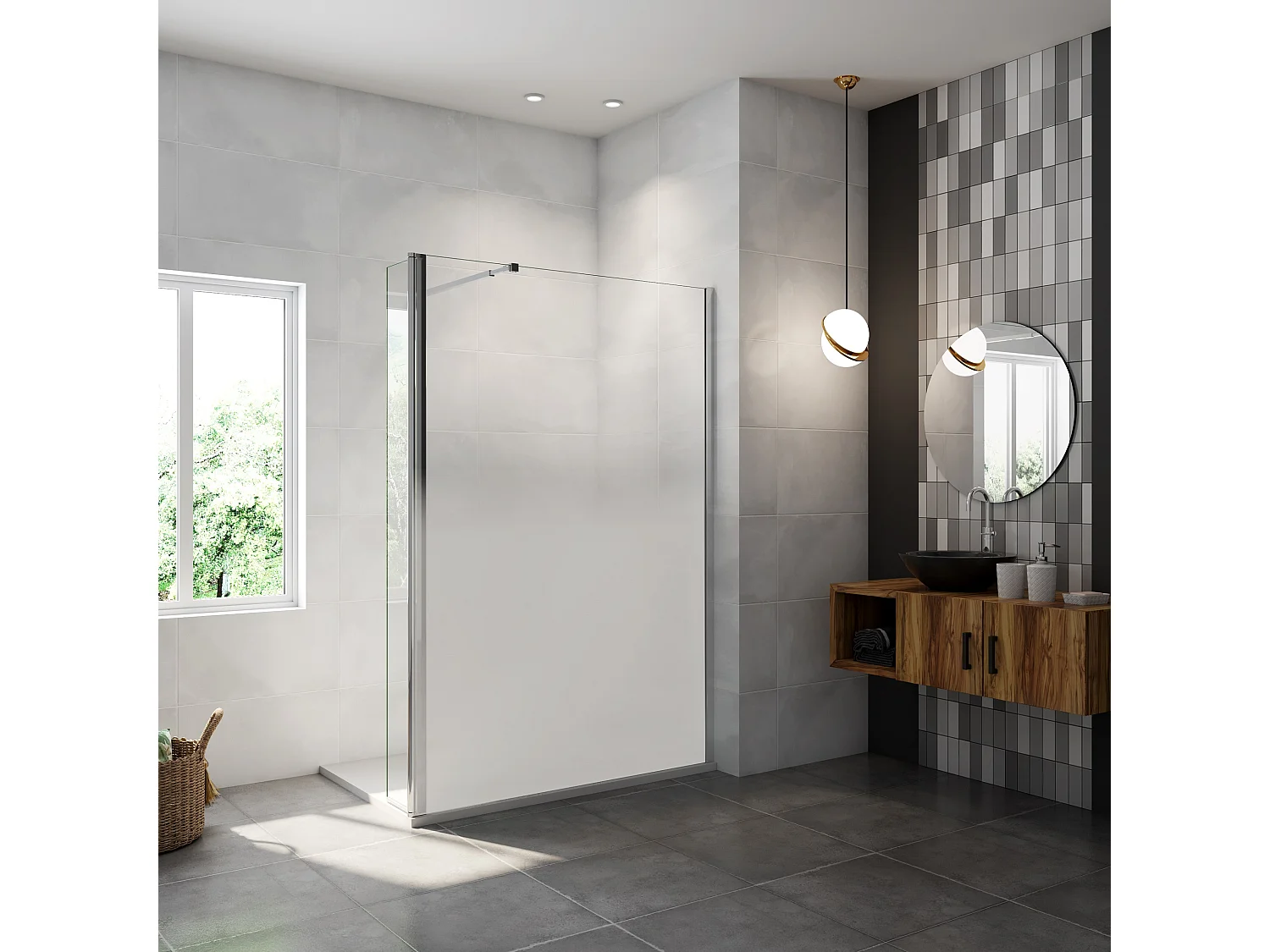 Paroi de douche avec 30 cm retour pivotant - 140 x 200 cm - 8 mm Verre effet Brume, finition chrome avec barre de fixation 73-120cm